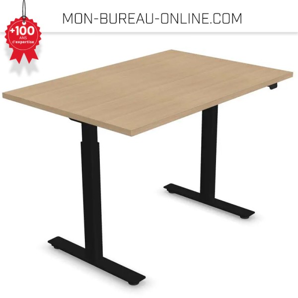 Bureau électrique - table assis-debout - 140x80 - plateau blanc - base  noire - travail